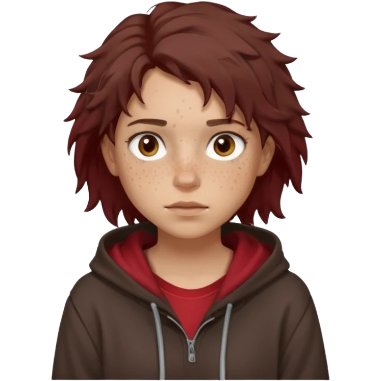Hobo tomboy with light skin, freckles, dark brown shoulder-length hair in a messy style. Brown eyes, dark brown hoodie, dull red shirt. emoji