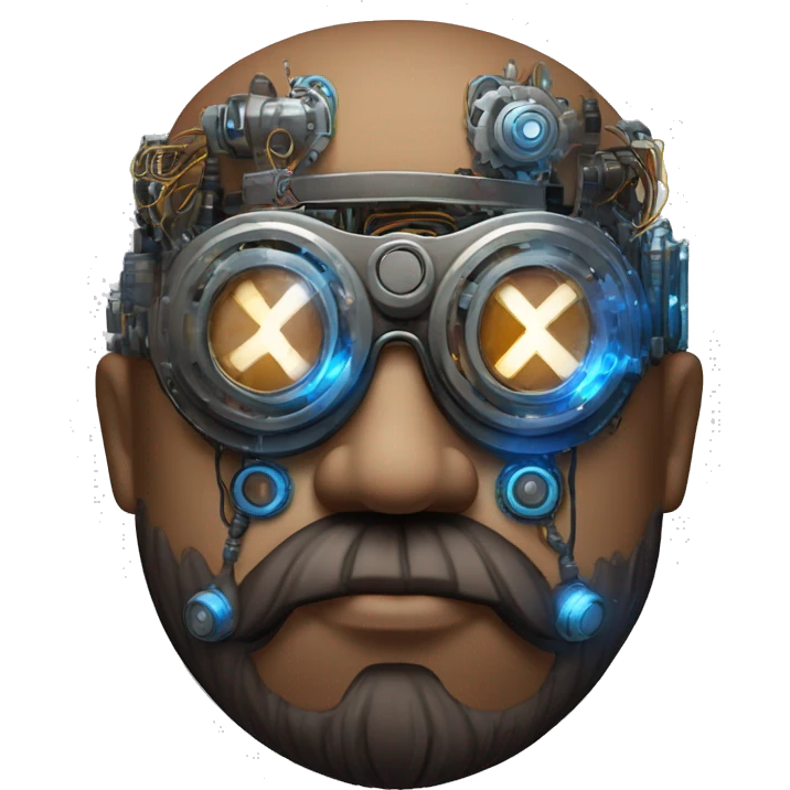 Bearded Fat bald cyborg head with brown skin, blue steampunk goggles and circuits emoji