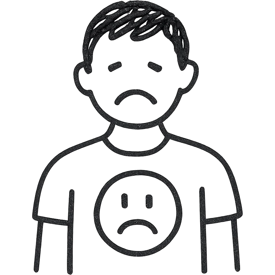 simple black and white outlined icon of a man wearing a t-shirt, sad cartoon face, no background emoji