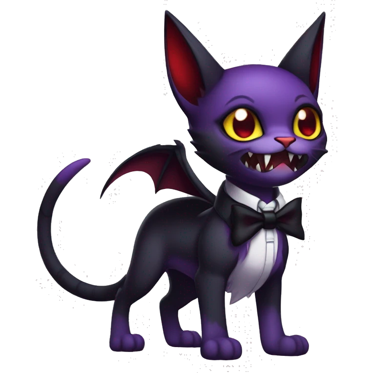 Cute-Evil-Vampiric-Batty-Cat-Black-Purple-Red-Yellow-Contrast-Colors-Fantasy-Fur-Sona-Chibi-Shiny-Fakémon-Hybrid with horns and big fangs neck bow white tie leg spats full body emoji