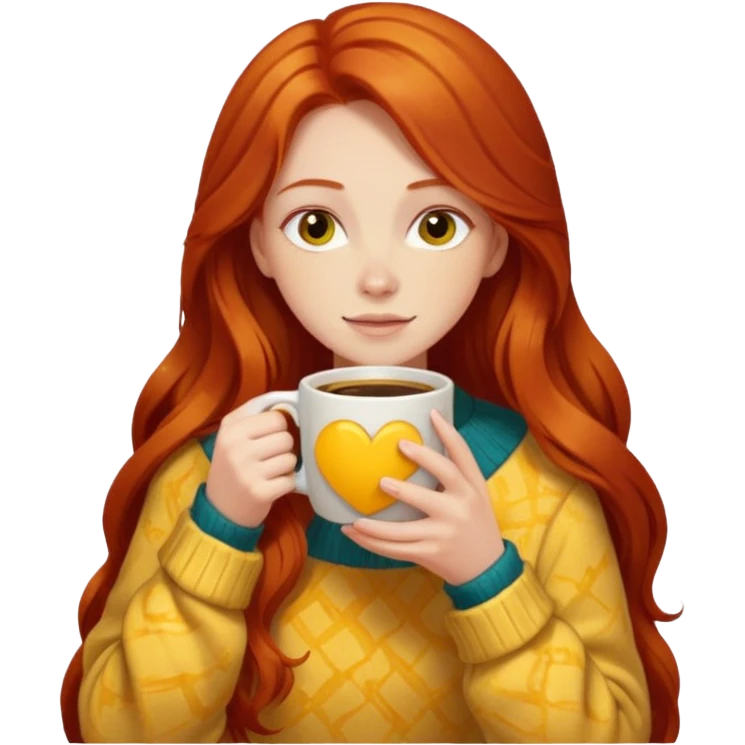 Happy long haired redhead hugging big yellow marble drinking coffee emoji