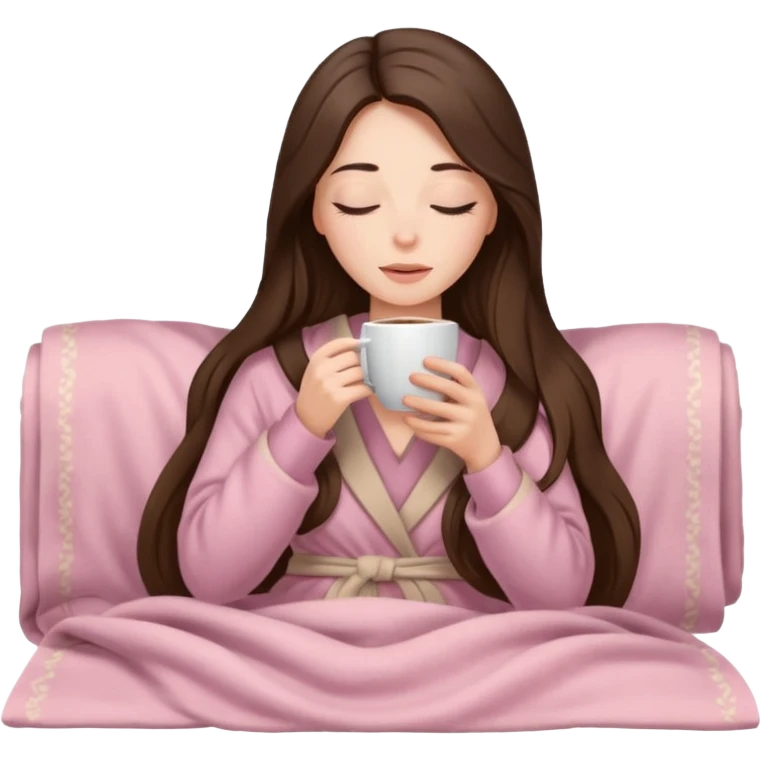 Brunette long hair lady inside a beige and light pink blanket sipping coffe with eyes closed  emoji