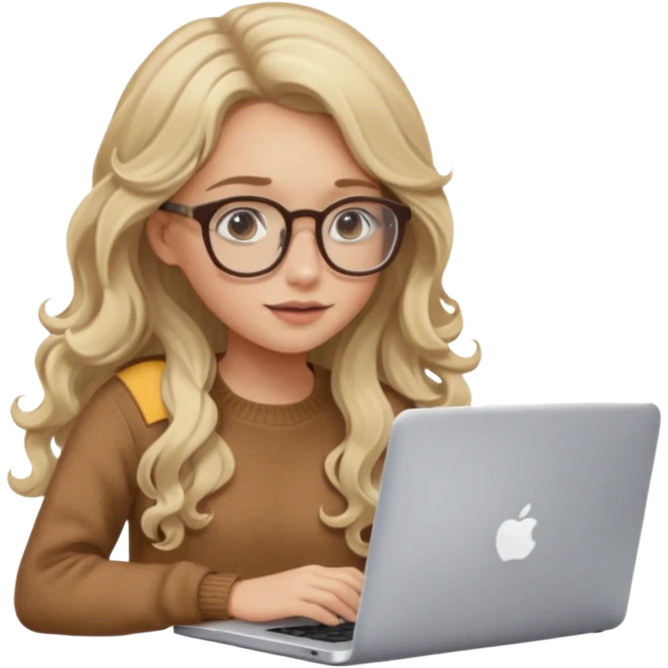blonde girl with long dark blonde wavy hair, pantos-style glasses, a brown sweater, sitting and looking in laptop, soft pastel, upper body shot emoji