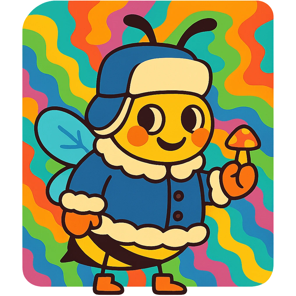bee in a Russian winter coat, holding a tiny mushroom, trippy colorful background, cheeky carefree smile emoji