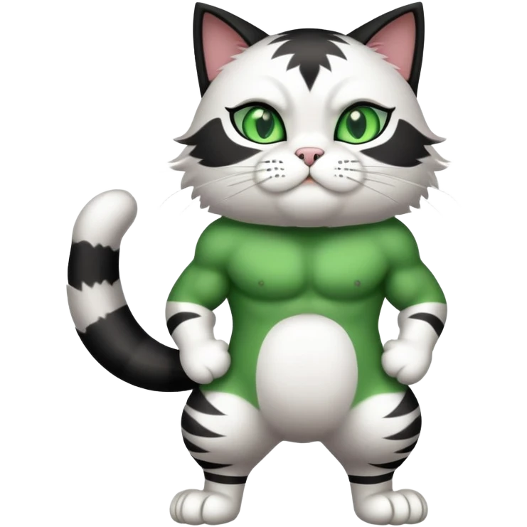Super Duper Muscular Cat with a 10 pack full body black and white and green eyes  emoji