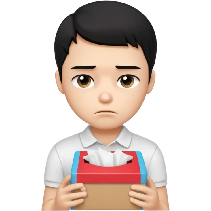 generate a pretty bratz boy with black hair, wearing a plain white polo shirt. Looking sad, holding a box of tissues emoji