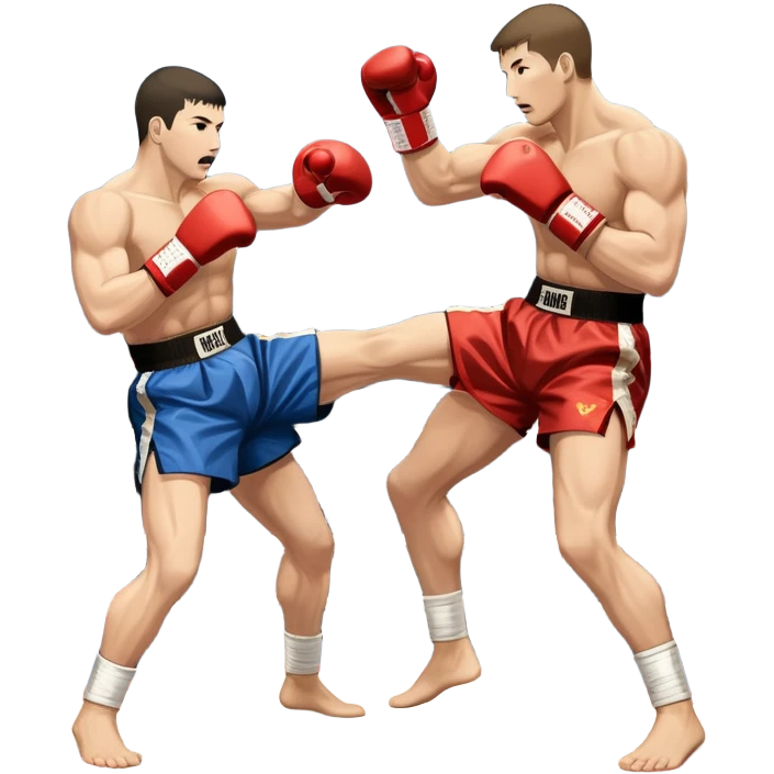 An icon symbolizing kickboxing, featuring two fighters in the midst of an intense match. One throws a powerful roundhouse kick, while the other counters with a punch. The background shows a ring, with ropes and a cheering crowd. Transparent background highlights the action and strength emoji