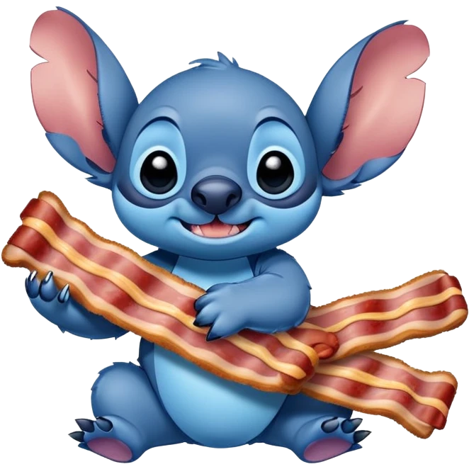Stitch character holding a bacon strip emoji