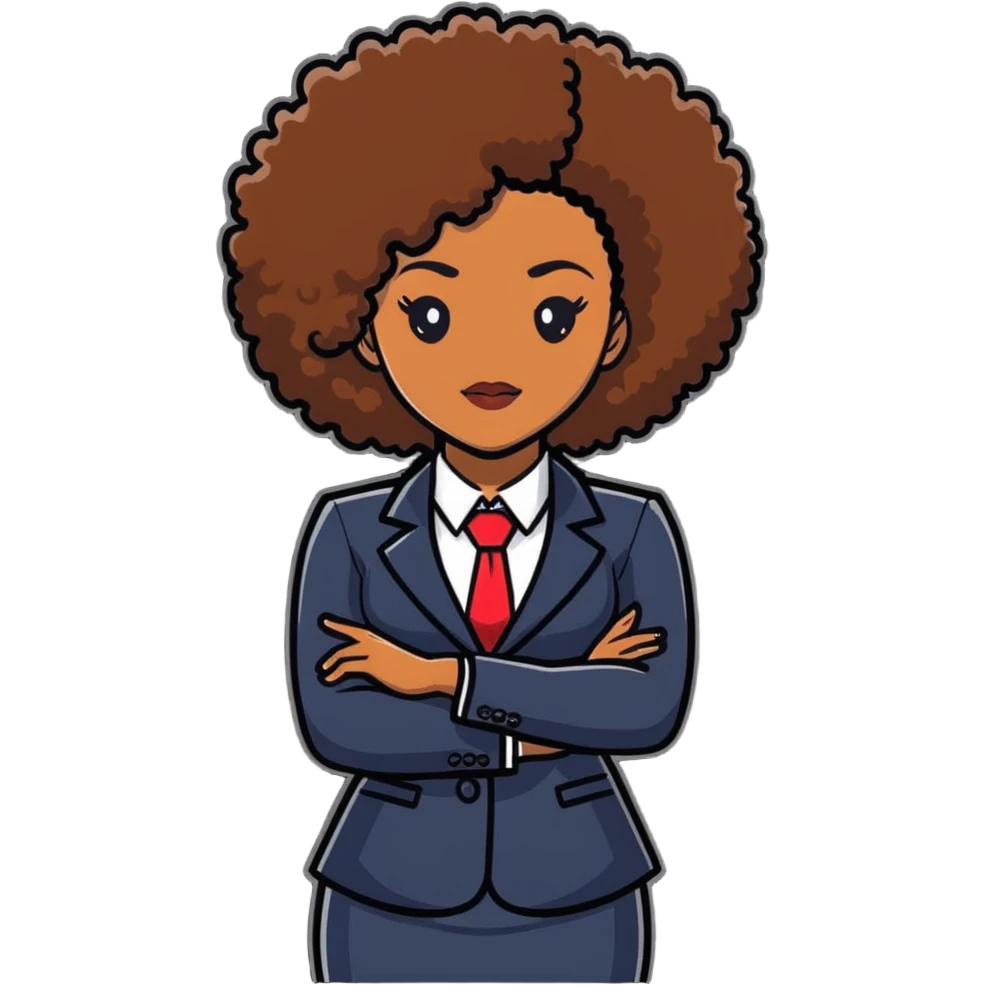 Elegant African career woman with natural curly afro hair, corporate outfit, professional demeanor emoji