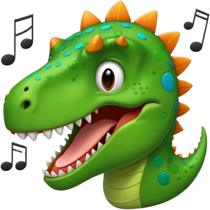 cartoon dinosaur face with music notes emoji