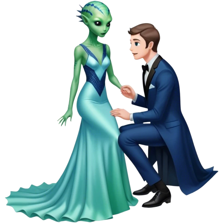 alien reptilian green skin woman, in long slim pastel blue formal party satin dress with gradient shiny sparkling navy blue diamonds embroidered , and caucasian man in black dres on his knees asks her to marry her emoji