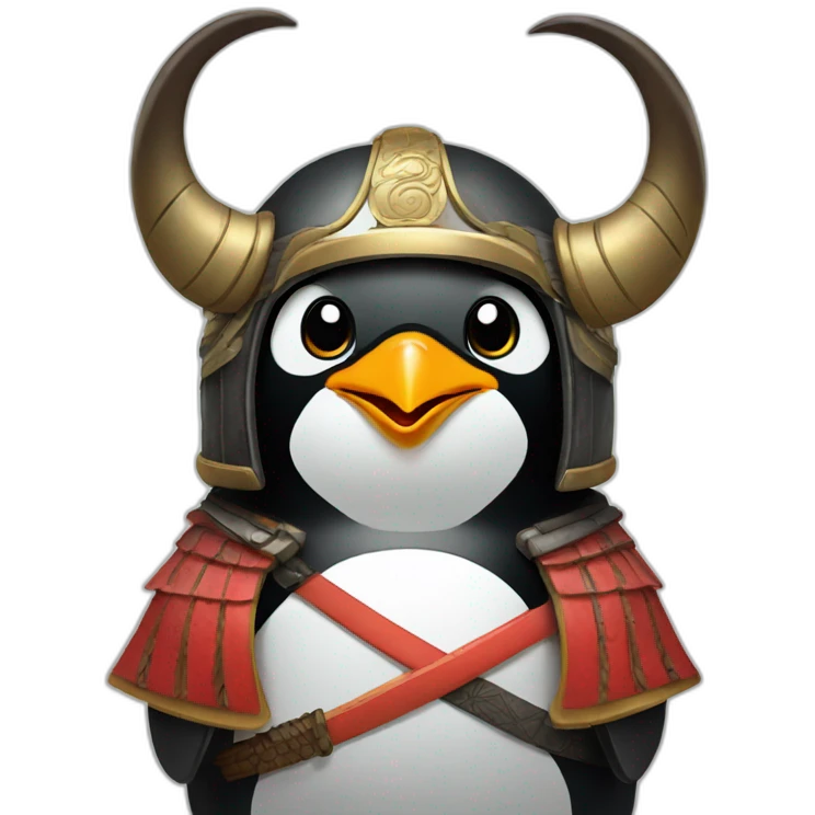 penguin with face wearing samurai helmet with big horns emoji