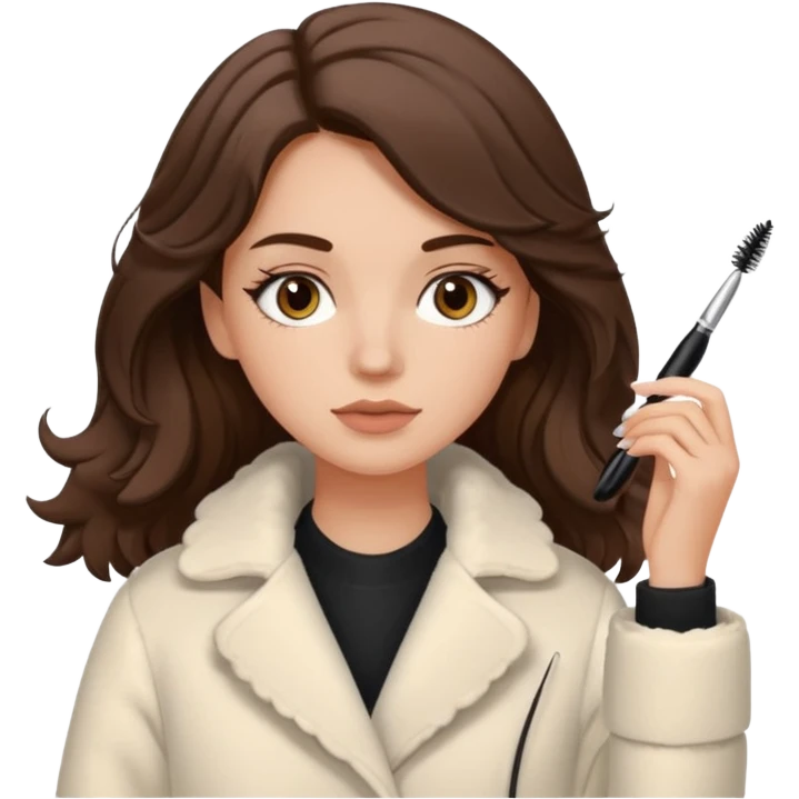Garota branca de cabelos levemente ondulados castanhos escuros médio aplicando máscara de cílios, ela veste casaco off white estilo cozy emoji