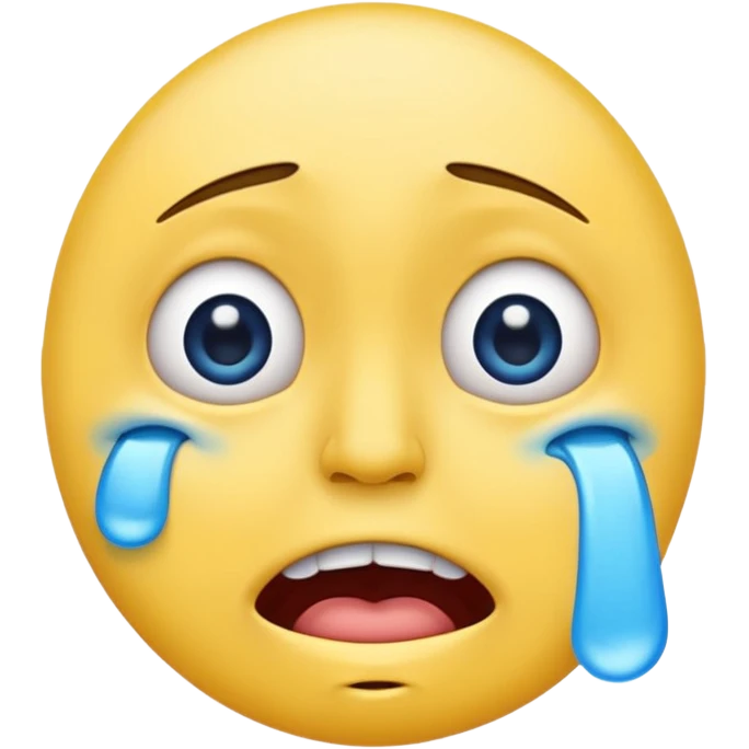 crying emoji with eyes open wide, visible eye bags, yellow emoji, visible teeth, stretched out mouth, blue tears, exaggerated  emoji