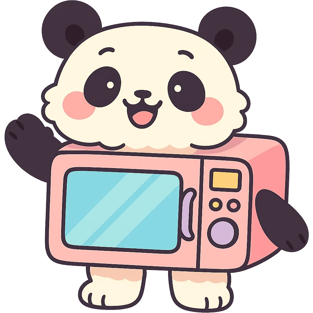 chibi-style microwave oven transformed into a fluffy panda, blushing and waving happily, soft pastel colors, full-body emoji