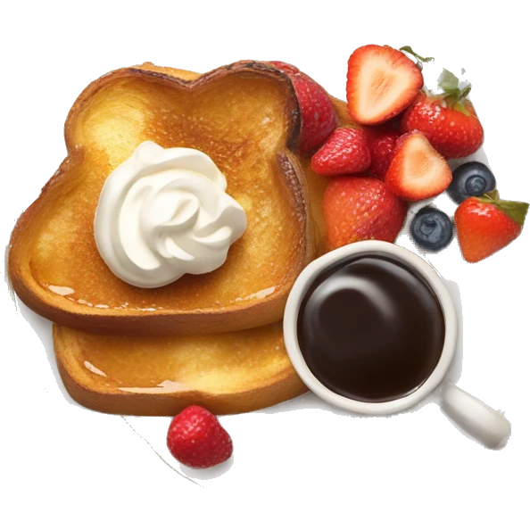 A plate of French toast with syrup fruits whipped cream emoji