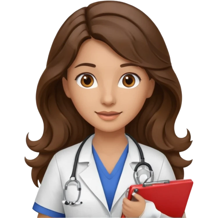 make a brunette nurse with long brown wavy hair and brown eyes holding a clipboard. she should also have a stethoscope around her neck. emoji