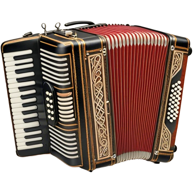 Cinematic Realistic image of a classic accordion, rendered with finely detailed textures and intricate keywork, set against a backdrop of soft, ambient lighting that highlights its vintage charm emoji