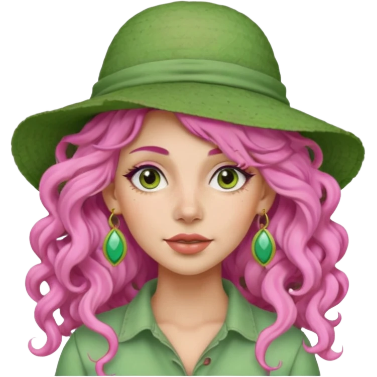 pink haired very long curly haired woman with full full face light green clay mask  and big earrings and hat emoji