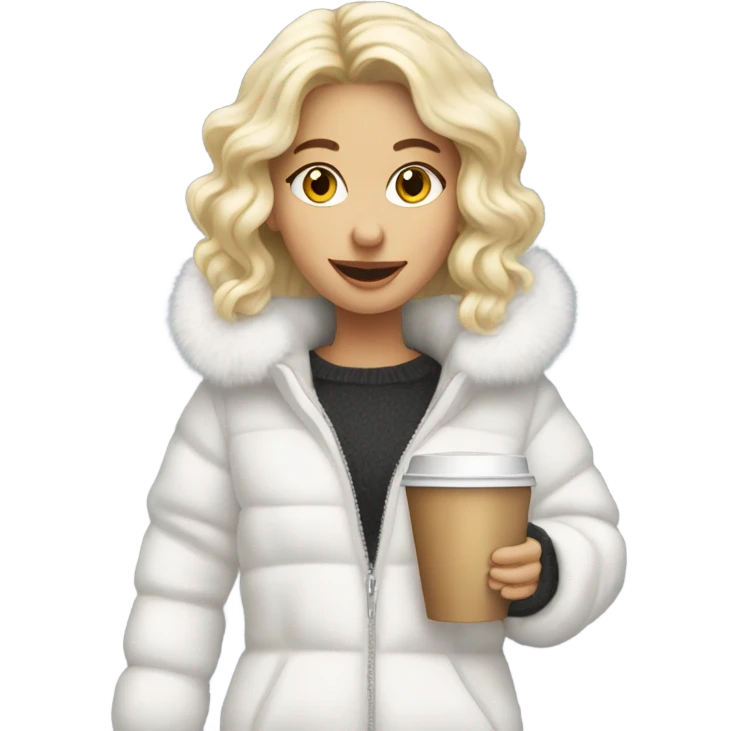 blonde girl wearing white fluffy jacket and a coffee to go in hand emoji