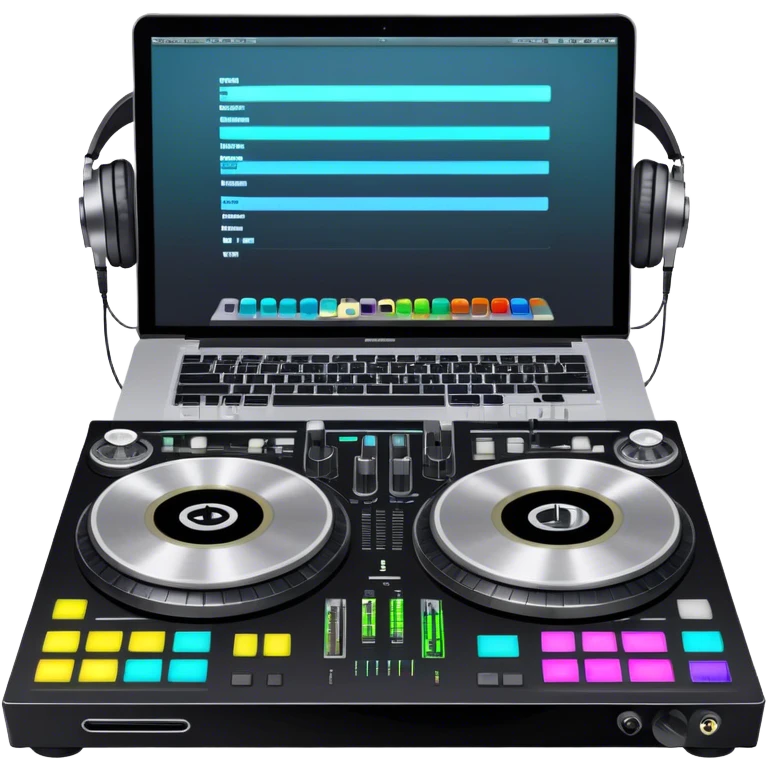 Create a professional and technical emoji that represents remixing music. The design should feature a high-end DJ controller, turntables with vinyl records, and a sound mixing console with faders to symbolize the technical aspects of remixing. Include elements like studio headphones and a laptop or digital audio workstation (DAW) screen to reflect the tools used in music production. Use colors like black, silver, and neon accents to convey the professional, high-tech nature of remixing. The background should be transparent. emoji