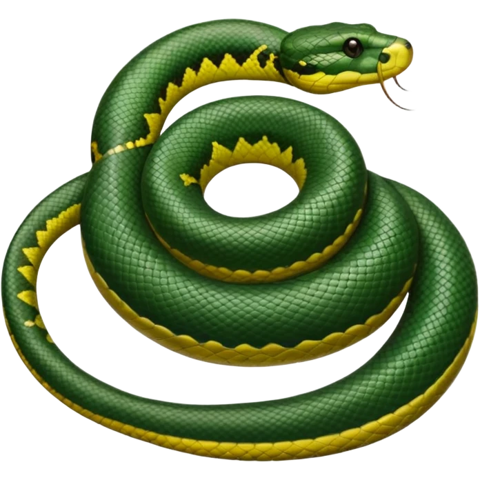 A photo-realistic top-down view of a Green Anaconda tightly coiled in a spiral, with its broad, flat head resting at the center. Its thick, muscular body is olive-green and covered in symmetrical, bold black oval spots that stand out against its smooth scales, creating striking natural camouflage. emoji