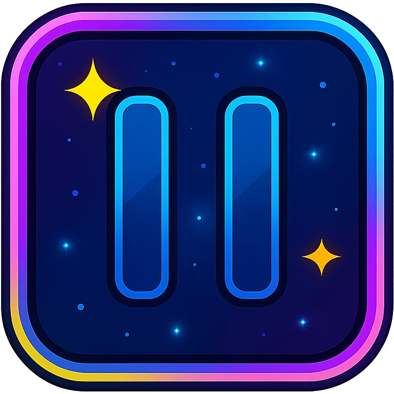 pause icon with dark purple, blue, and black base, bright accents, complex gradients, stars, bright neon border, modern clean pause symbol, glow and lighting effects, sophisticated futuristic icon style emoji