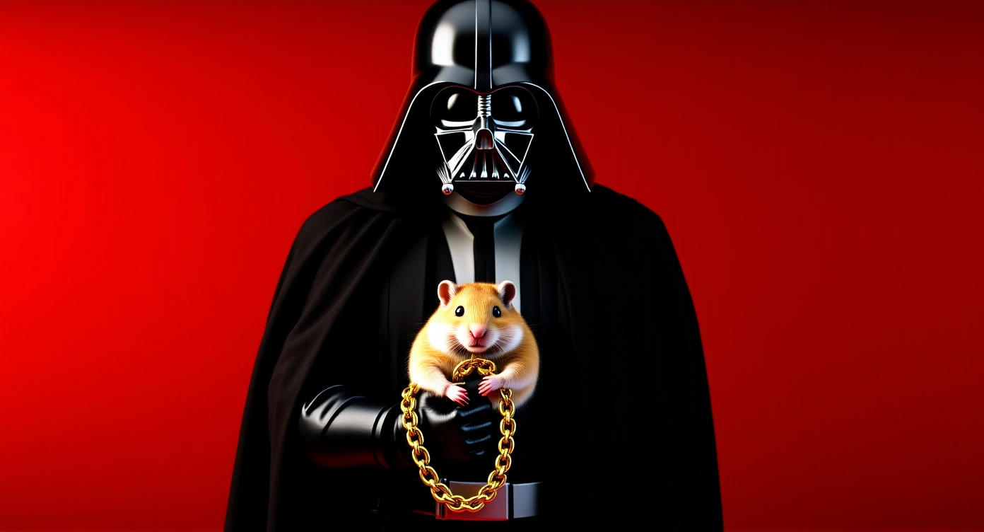 Extreme Closeup Photo of a darth vader holding big hamster with golden chain, low key light, red solid background with leading lines, back light, spot light emoji
