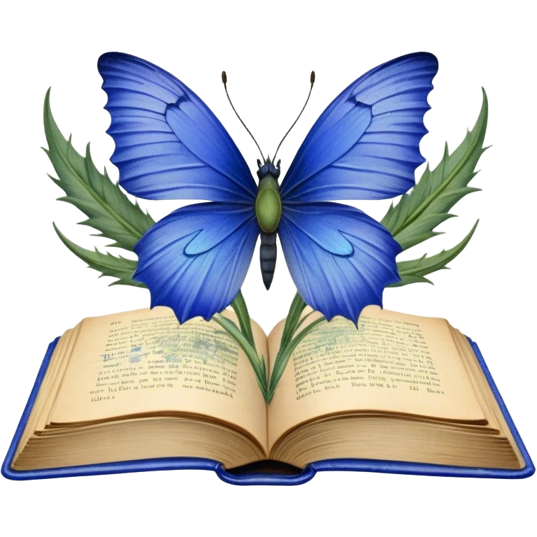 A vintage book with a worn blue cover, open to reveal pressed blue cornflowers and a resting green butterfly. emoji