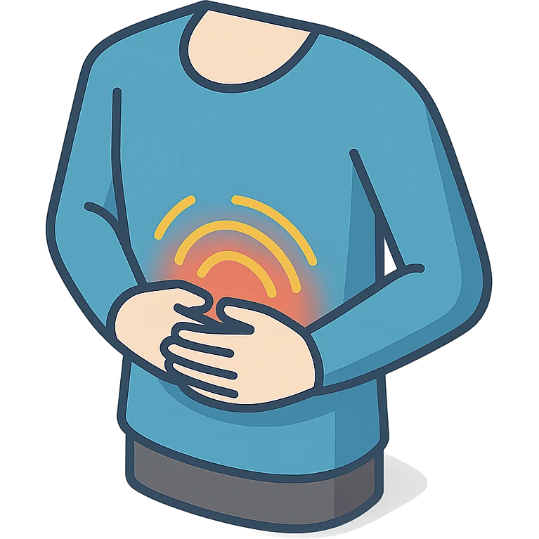 torso in clothing, hands holding painful stomach, waves of pain, 2d isometric style, detailed shadows and highlights, no face and legs, only torso in clothing, stomach, hands and visualization of pain, transparent background emoji