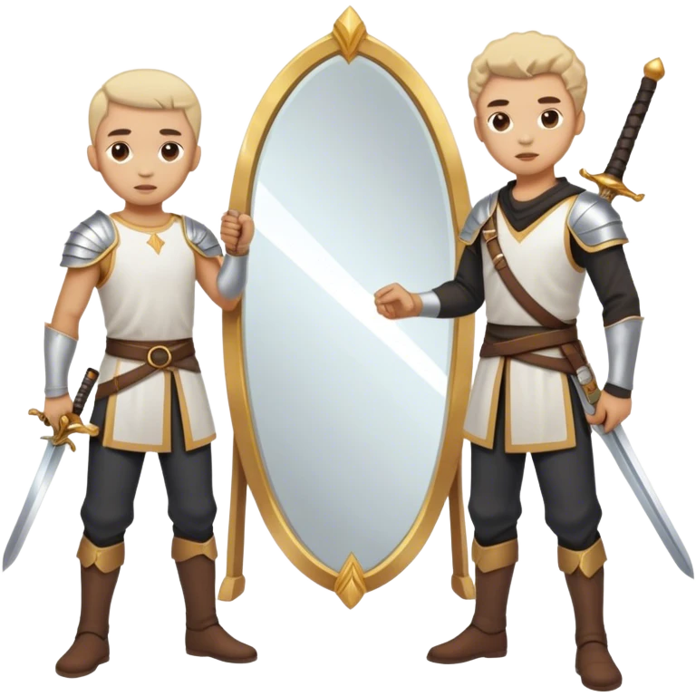 A person standing in front of a mirror, looking, while a sword on the floor. The mirror represents self-awareness and acceptance emoji