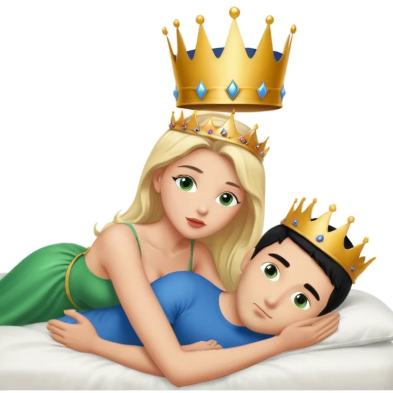 Blonde Queen with crown, Green eyes, naked, kissing man, naked, no crown, black hair, blue eyes, whole Body, Background bed emoji