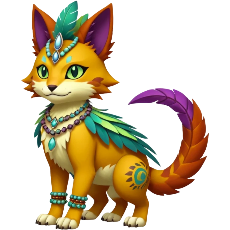 Kawaii cute reddish orangish yellowish greenish purplish exotic tribal beautiful pretty elegant divine edgy feline-vernid-sergal-Fakémon-Pokémon-Digimon-fursona-animal-creature with bracelet, necklace, full body, with intricate detailed markings, feather headdress  emoji