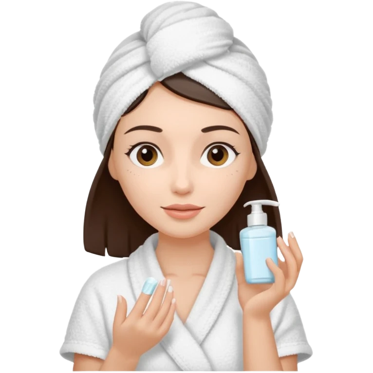 Uma mulher de toalha na cabeça pq ela acabou de sair do banho. A pele é branca/clara e cabelo marrom escuro, cabelo liso.  Ela tá com um hidratante nas mãos,  pq ela vai cuidar da pele emoji