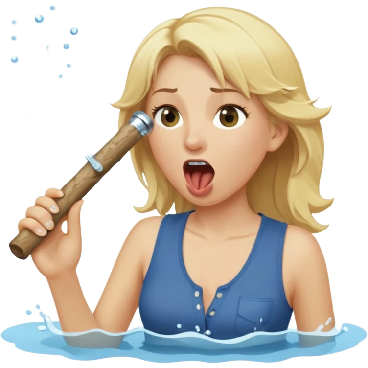 blond woman biting a wide stick with a D-shaped knob, both the same color as her skin, the knob has visible skin texture, the stick coming out of a pair of pants hanging nearby, water jet shooting from the flat side of the knob into her mouth, surprised look emoji