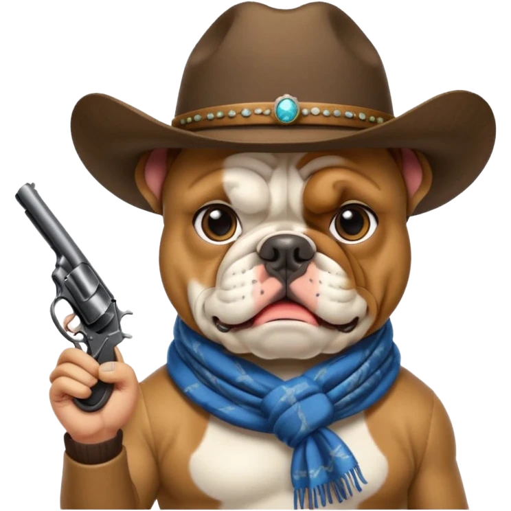 A bulldog wearing a cowboy hat, covering his mouth with a scarf so he wouldn't be recognized, pointing a revolver at you, telling you to hand over your money. emoji