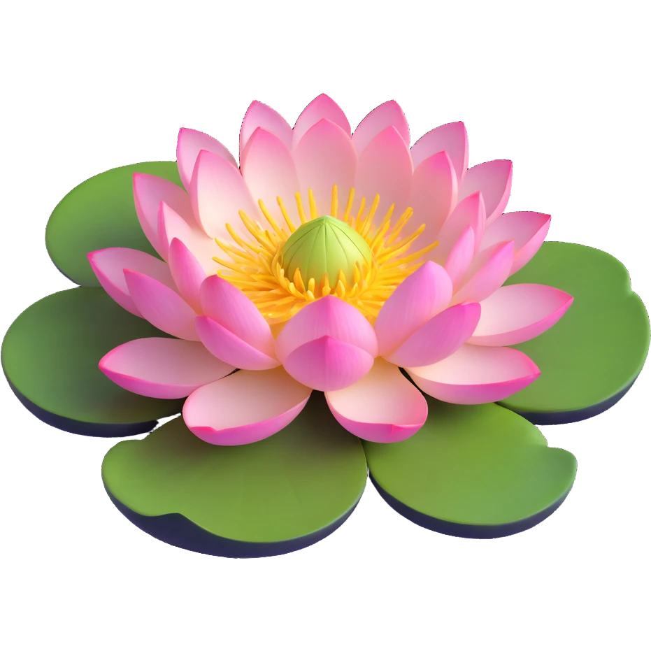 Elegant lotus flower with pink petals, yellow center and circular green lotus pad in water emoji