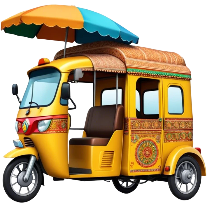 Cinematic Realistic Indian Auto Rickshaw Emoji, depicted as a colorful, bustling auto rickshaw with intricate designs and vibrant hues, rendered with lively textures and dynamic urban lighting that captures its quintessential presence in Indian cities. emoji