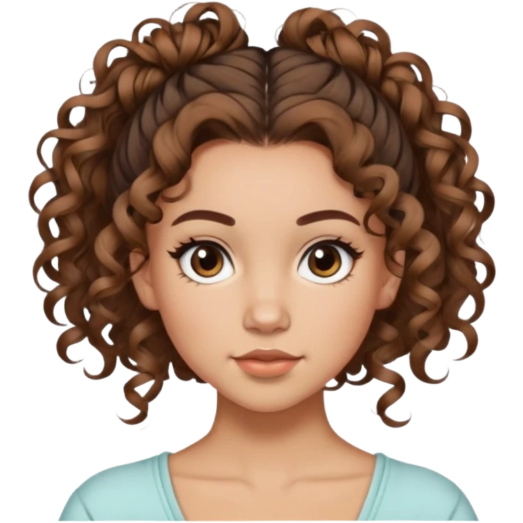 Chica con pelo rizado, marron, por la altura del omoplato, con peinado messy bun, con rulos de mechones, delante de las rejas otro mini rulo, y con baby hairs emoji