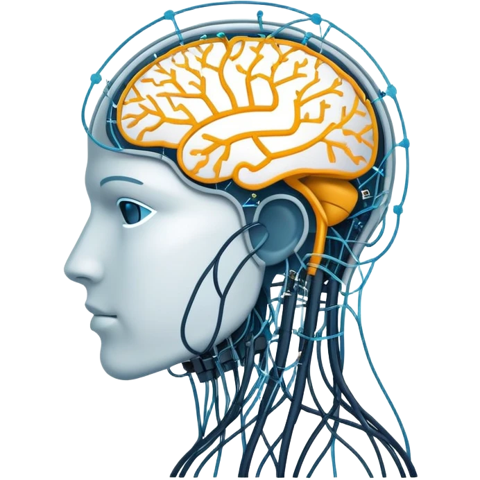 An icon featuring a human head silhouette with circuit patterns, a glowing brain, and neural network nodes, symbolizing artificial intelligence. The design includes data flow lines and robotic elements, representing machine learning and advanced computation. Transparent background emoji