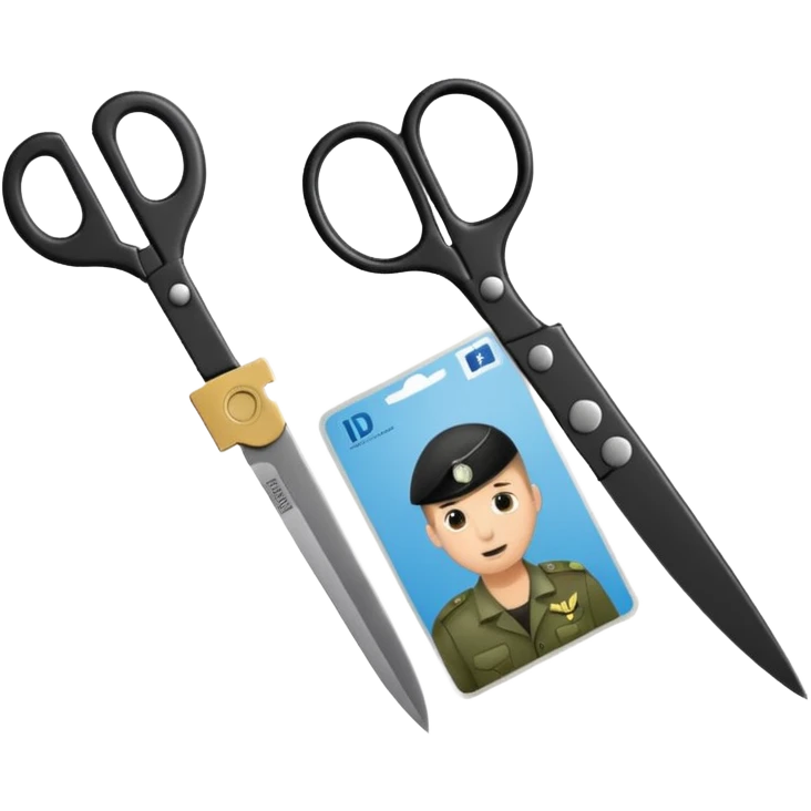 Floating black Scissors cutting in half an idf soldier ID card with a little chip in 2 parts emoji