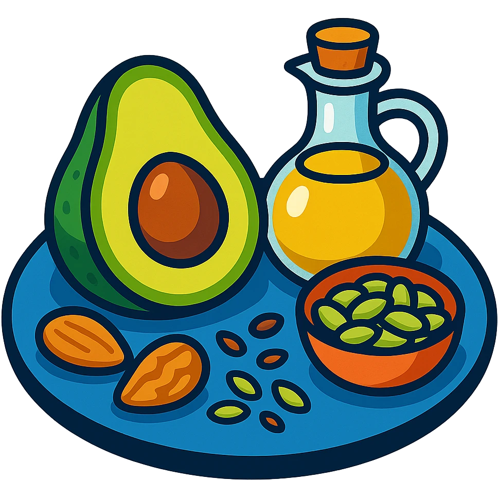 plate with avocado, nuts, olive oil, and seeds in vibrant toon style emoji