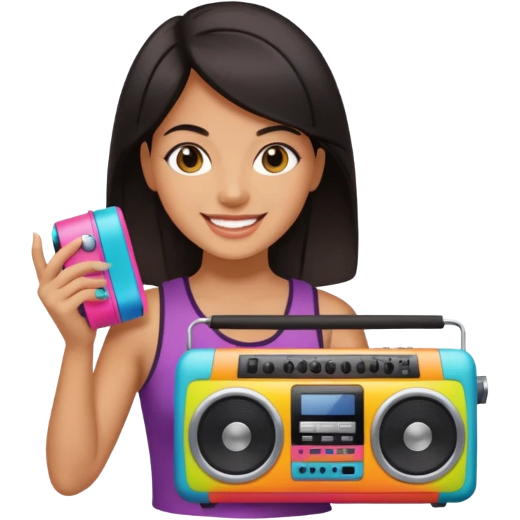 dar hair woman holding colorful boombox emoji