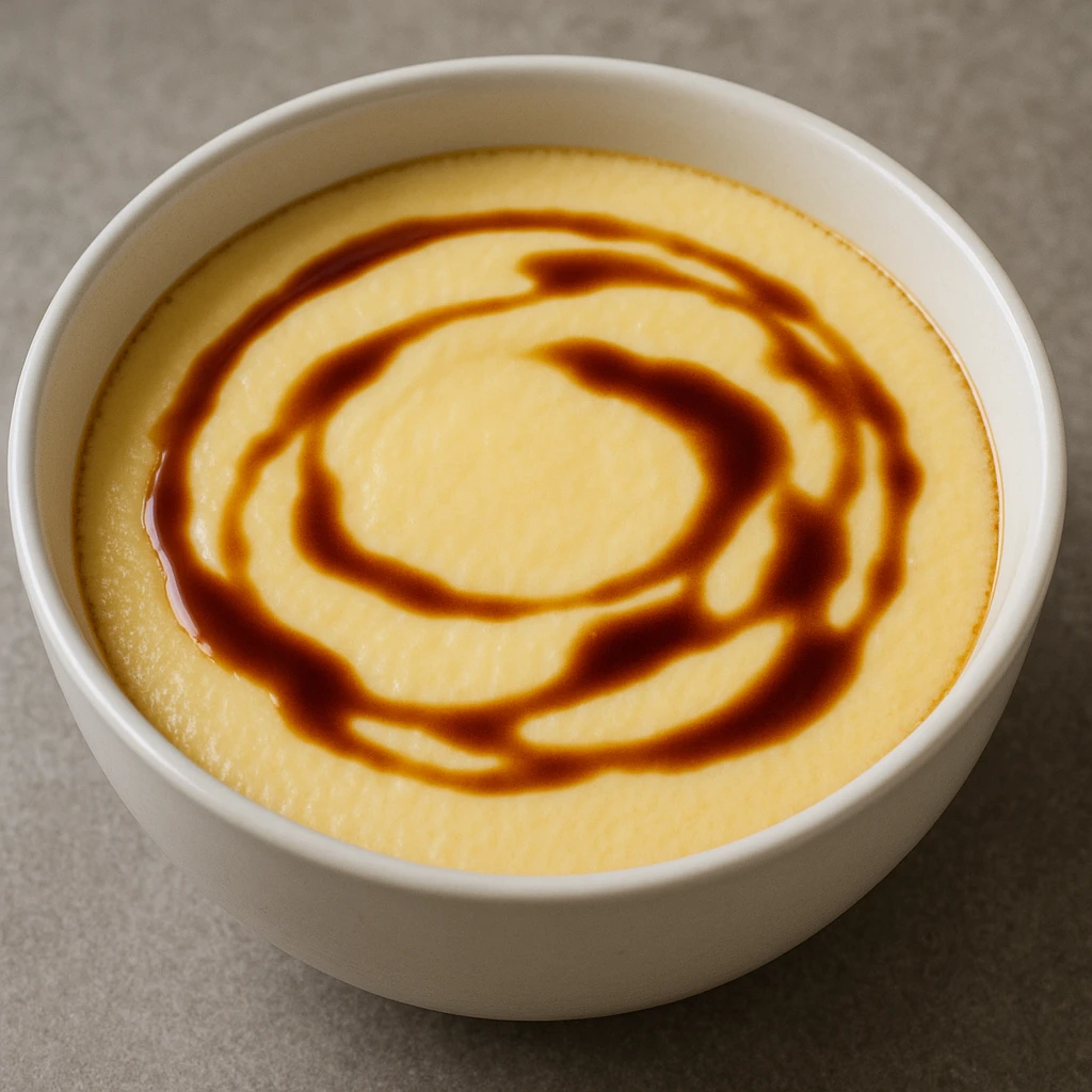 steamed egg, Chinese style, smooth surface, soy sauce drizzle, in a white bowl emoji
