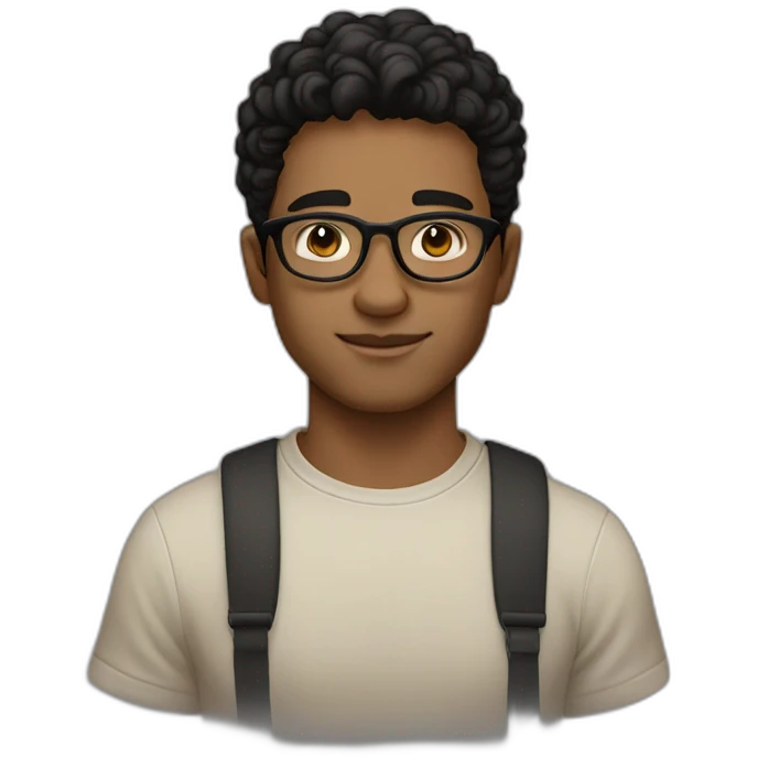 Light Brown guy, black wavy hair, no facial hair, transparent round glasses, black t shirt emoji