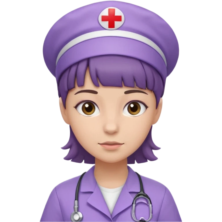 A young female slim nurse with short brown hair with fringe over her forehead, wearing larvendar purple working cloth emoji