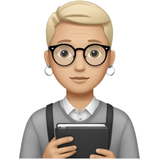 A man in his 20s wearing an apnotebook, wearing radio earrings, round glasses, achromatic clothes emoji