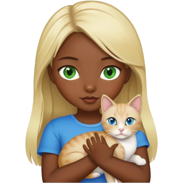 blonde girl with dark skin and green eyes holds a cat with blue eyes of Thai breed emoji