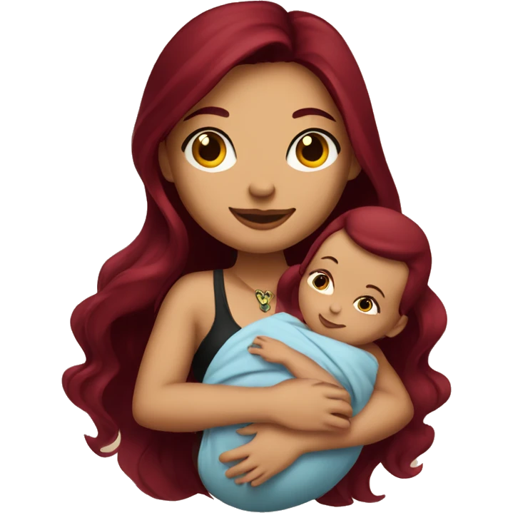 Beautiful tattooed burgundy long haired woman holding a baby emoji