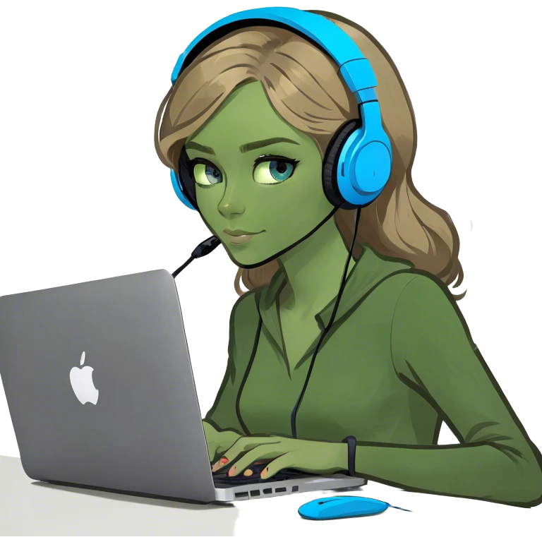 Pale skin girl with blue eyes, and dark blonde hair working with Mac  emoji